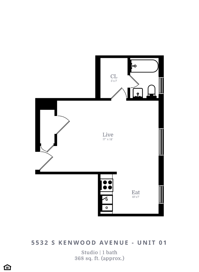 Floor plan for studio, 1 bath, 360 sqft